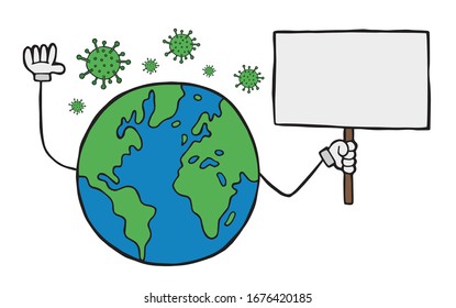 Dibujo vectorial hecho a mano del virus de la corona de Wuhan, covid-19. Mundo: Cartel en blanco.