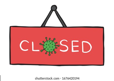 Hand drawn vector illustration of Wuhan corona virus, covid-19. Closed sign with virus.