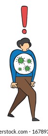 Hand drawn vector illustration of Wuhan corona virus, covid-19. The infected man is walking.