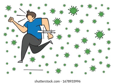Hand drawn vector illustration of Wuhan corona virus, covid-19. Man running away from viruses.