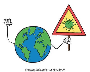 Hand drawn vector illustration of Wuhan corona virus, covid-19. World globe holding danger sign.