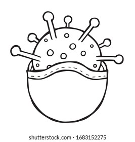 Hand drawn vector illustration of Wuhan corona virus, covid-19. Virus and medical mask. White background and black outlines.