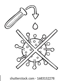 Handgezeichnete Vektorillustration Illustration des Wuhan-Corona-Virus, Covid-19. Arzneimittel und das Verschwinden des Virus. Weißer Hintergrund und schwarze Umrisse.