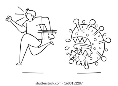 Hand drawn vector illustration of Wuhan corona virus, covid-19. Man running away from virus. White background and black outlines.