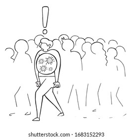 Hand drawn vector illustration of Wuhan corona virus, covid-19. The infected man is walking in the crowd. White background and black outlines.