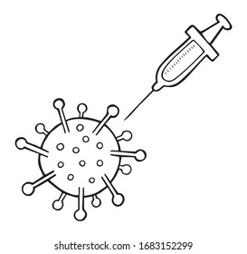 Hand drawn vector illustration of Wuhan corona virus, covid-19. Virus and syringe. White background and black outlines.