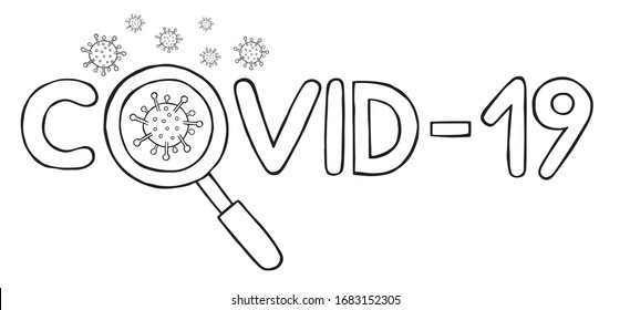 Handgezeichnete Vektorillustration Illustration des Wuhan-Corona-Virus, Covid-19. Wunderbares Glas und Viren. Weißer Hintergrund und schwarze Umrisse.