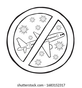 Hand drawn vector illustration of Wuhan corona virus, covid-19. Travel restrictions and bans. White background and black outlines.