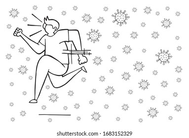 Hand drawn vector illustration of Wuhan corona virus, covid-19. Man running away from viruses. White background and black outlines.