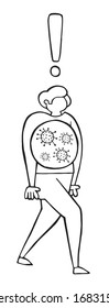 Hand drawn vector illustration of Wuhan corona virus, covid-19. The infected man is walking. White background and black outlines.