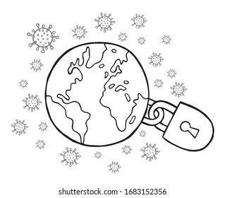 Hand drawn vector illustration of Wuhan corona virus, covid-19. The world was closed due to the virus. White background and black outlines.