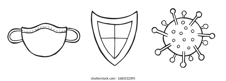 Hand drawn vector illustration of Wuhan corona virus, covid-19. Medical mask, guard shield and virus, protect. White background and black outlines.