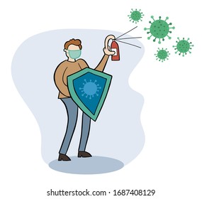 Hand drawn vector illustration of Wuhan corona virus, covid-19. Protected from viruses and kills with shield and spray.