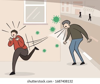 Hand drawn vector illustration of Wuhan corona virus, covid-19. Man sneezing or coughing in the street and other man scared and running away.