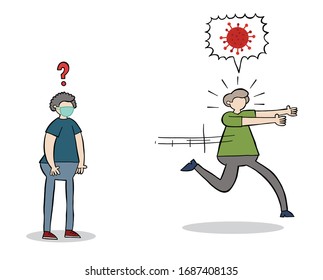 Handgezeichnete Vektorillustration Illustration des Wuhan-Corona-Virus, Covid-19. Er hat Angst vor dem Mann, der die Maske trägt.