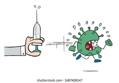 Hand drawn vector illustration of Wuhan corona virus, covid-19. Corona virus escapes syringe medicine.