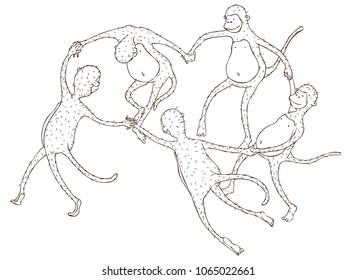 Hand Drawn Vector Illustration for the Year of the Monkey. Coloring Book Page. Apes holding hands, spinning in a dance on a green hill