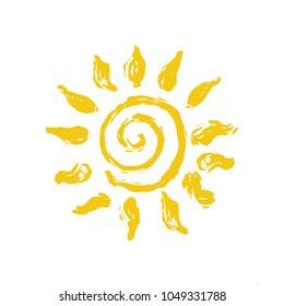 Hand drawn vector illustration of yellow sun icon isolated on white. Logo design. Summer sunny logotype or symbol for print or web