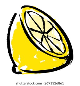 Hand drawn vector illustration of a yellow lemon cut in half.