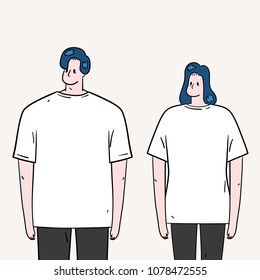 Hand drawn vector illustration of young man and woman wearing white blank t-shirt.Template.