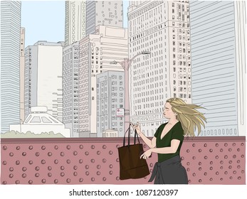Hand drawn vector illustration. Young, stylish professional woman commuting to work downtown. Concept of working hard to get a promotion.