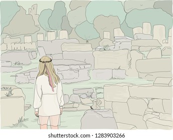 Hand drawn vector illustration. Young woman wanders through a magical forest. Fantasy landscape with stone ruins.