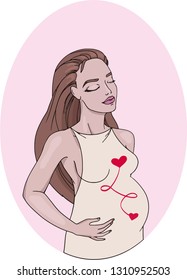 hand drawn vector illustration of young beautiful smiling pregnant woman with long brown hair in dress and two red hearts, connected by red line inside her, in pink oval frame on white background