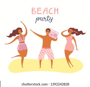 Hand drawn vector illustration of young people on the beach dancing, with lettering quote Beach Party. Isolated objects on white background. Flat style design. Concept, element summer poster, banner.