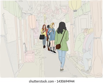 Hand drawn vector illustration. Young women tourists explore the scenic "Memory Lane," also called "Piss Alley" area, in Shinjuku, known for narrow streets, historic architecture, and tiny bars.