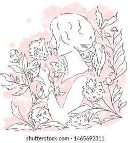 
Hand drawn vector illustration, young woman and flowers, pink background 