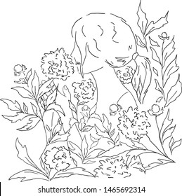 Hand drawn vector illustration, young sensual woman and flowers