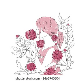 Hand drawn vector illustration, young woman and flowers/ white texture