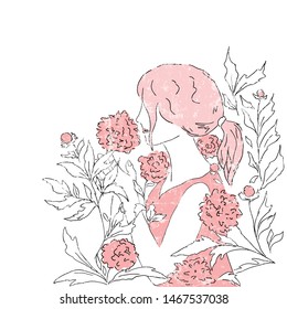 Hand drawn vector illustration, young woman and flowers/ white texture