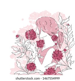 Hand drawn vector illustration, young woman and flowers/ white texture