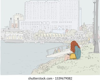 Hand drawn vector illustration. A young woman relaxes on the banks of the Mississippi River in New Orleans, along Riverwalk, and checks her phone. A steam boat is visible in the distance.