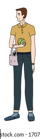  Ilustración vectorial dibujada a mano. Un joven está de pie con una bolsa de compras en sus manos. Doodles de personas en un estilo casual en pleno crecimiento. Dibujo de caricaturas de colores aislados en blanco. Imagen plana y simple