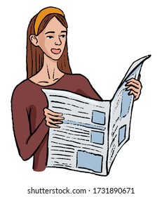 Ilustración vectorial dibujada a mano. Joven leyó el periódico y mostró emociones de alegría, sorpresa. La gente ve el concepto de las noticias. Imagen en estilo simple, garabatos. Dibujo de dibujos animados de colores aislados en blanco.