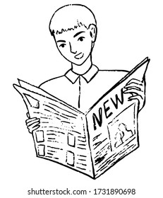 Hand drawn vector illustration. Young guy read the newspaper and show emotions of joy, surprise. People watch news concept. Image in simple, doodles style. Black contour drawing isolated on white.