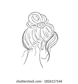 Hand drawn vector illustration of a young woman with a topknot, view from the back