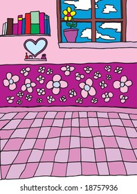 Hand drawn vector illustration of a young girls room.