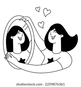 Hand drawn vector illustration of a young woman looking at her reflection in the mirror with love. Cartoon flat style. Self care. 