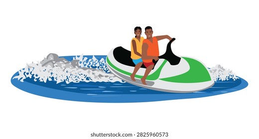 Hand drawn vector illustration of a young couple riding a water scooter on a white background and making big splashes