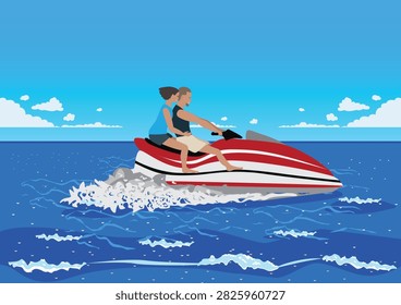 Hand drawn vector illustration of a young couple riding a water scooter on a white background and enjoying a fun and active vacation