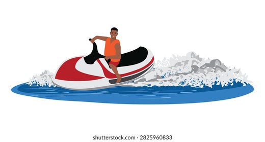 Hand drawn vector illustration of a young man riding a water scooter on a white background, cutting through the water and creating a ton of splashes