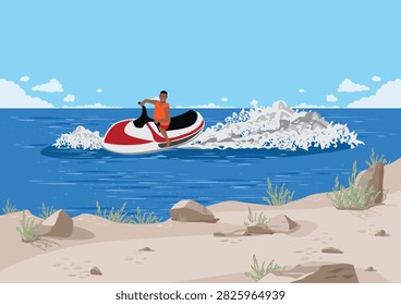 Hand drawn vector illustration of a young man riding a water scooter and making big water splashes during active recreation.