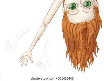 A hand drawn vector illustration of a young girl with large eyes and long arms upside-down peeking over the top of the art board waving.