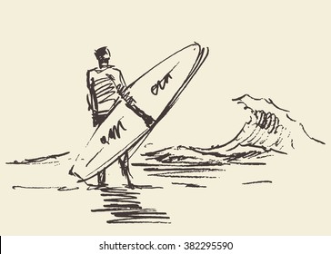 Hand drawn vector  illustration of young man standing on the beach with a surfboard, sketch