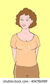 Hand drawn vector illustration of a young slightly overweight woman wearing workout clothes. Cartoon style.