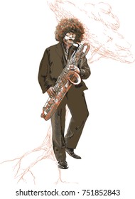 An hand drawn vector illustration. An young man playing the sax. Musician. Poem of the music - Afro hair style saxophonist playing saxophone. Picture is editable by layers and named groups.