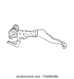 Hand drawn vector illustration with young girl making yoga exercises. Black and white outlined female character, icon or book illustration